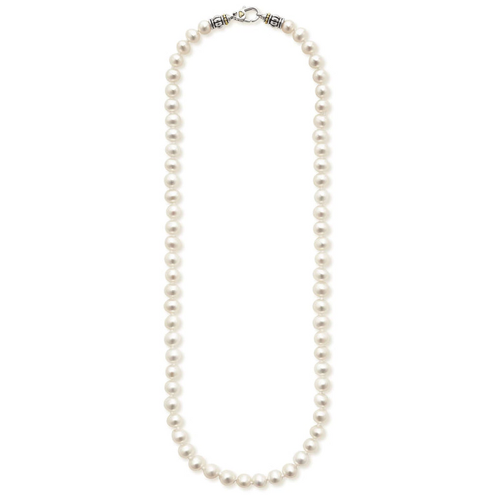 A sterling silver &18k gold necklace featuring a strand of cultured freshwater pearls accented by sterling silver and showing the clasp at the top against a white background.