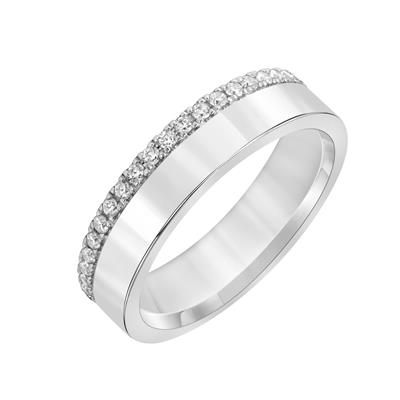 An angled view of a white gold wedding band against a white background. The ring features a split pavé design with a row of prong-set round-shaped diamonds.