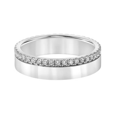 A front view of a white gold wedding band against a white background. The ring features a split pavé design with a row of prong-set round-shaped diamonds.