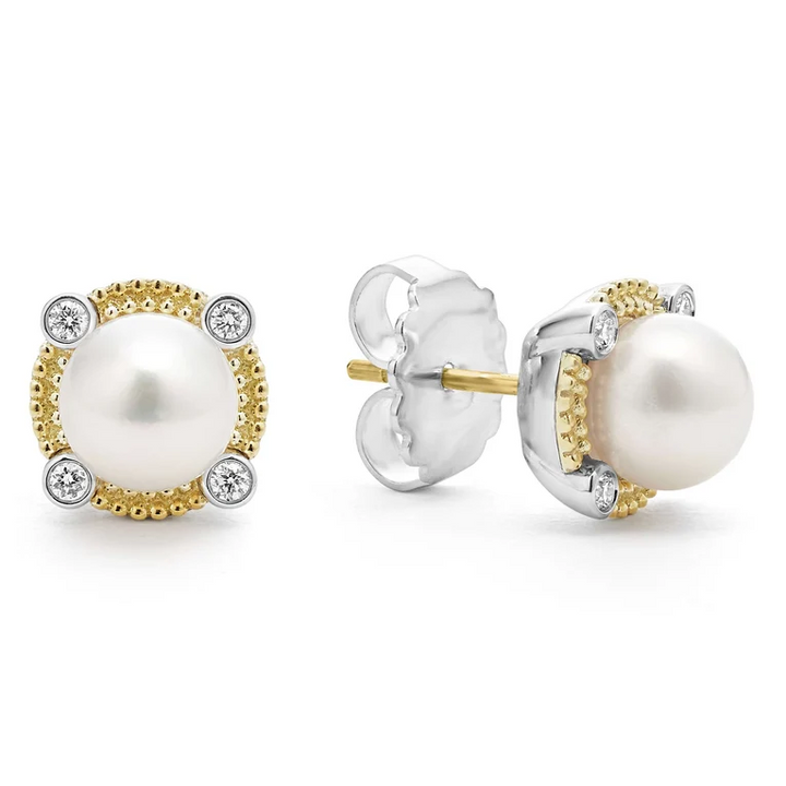 Two-Tone Pearl Diamond Stud Earrings