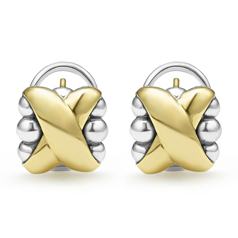 A pair of two-tone earrings featuring Sterling silver and a smooth 18K gold X motif.