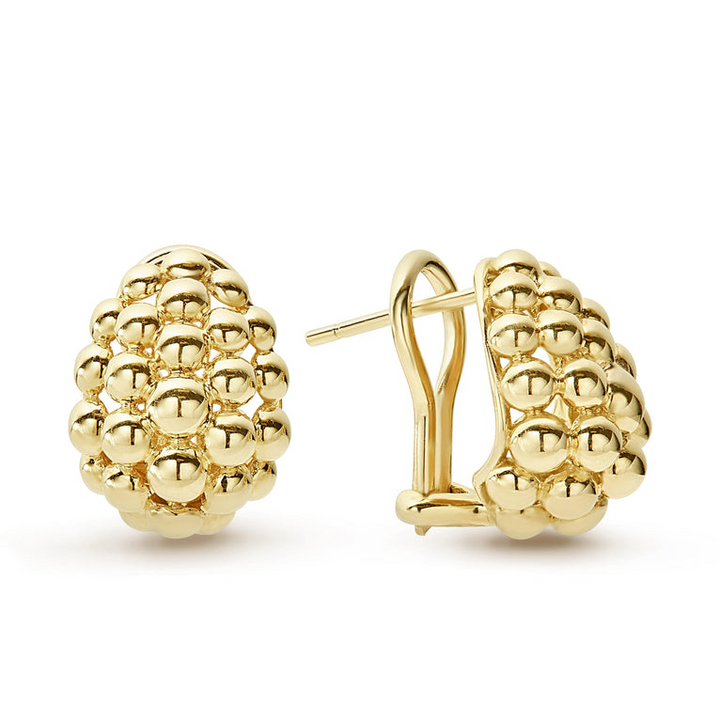 A pair of omega clip earrings with gold caviar beading. The right earring is angled to the side.