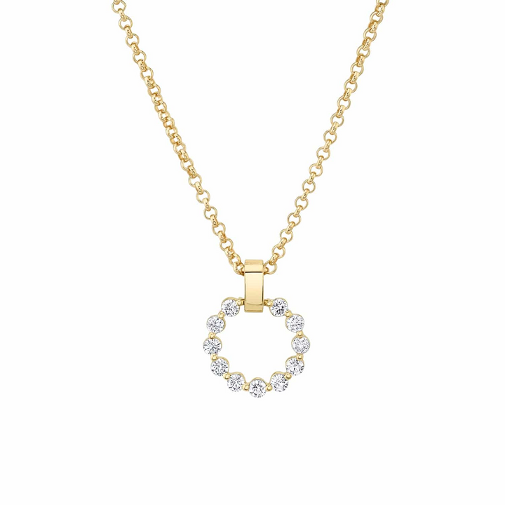 A yellow-gold necklace lying flat against a white background. The bracelet features a circle pendant and a smooth gold bar with a belcher chain.