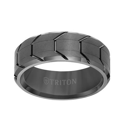 Tungsten Metal Men's Wedding Band. Bevel edge design with a tire tread design