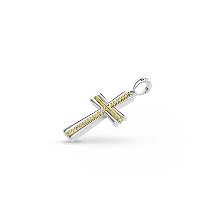 A two-tone caviar beaded cross amulet is displayed to the right in the middle of a white background