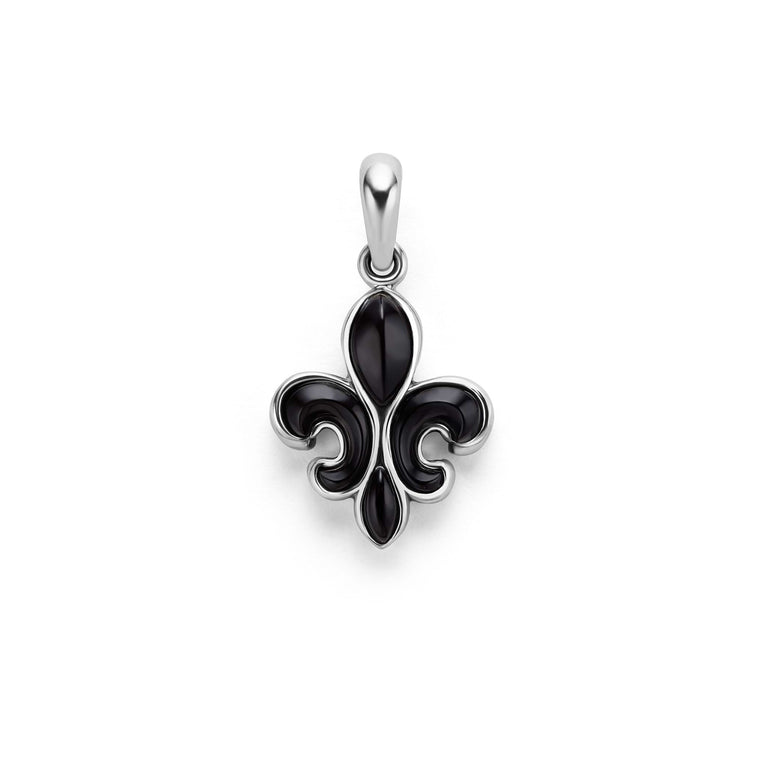 A Black Agate Fleur De Lis Amulet is displayed in the middle of a white background