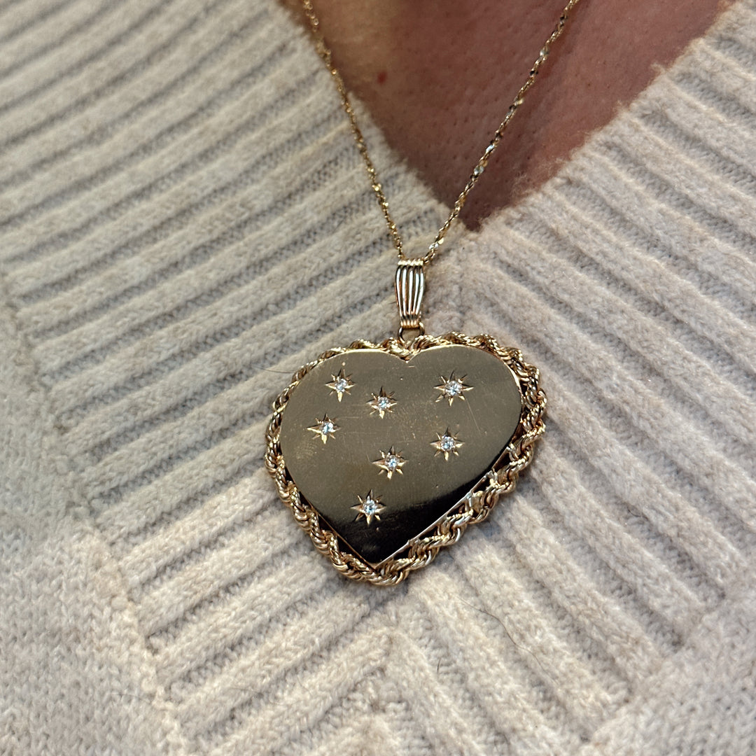 14K Yellow Gold Diamond Starburst Heart Charm Pendant