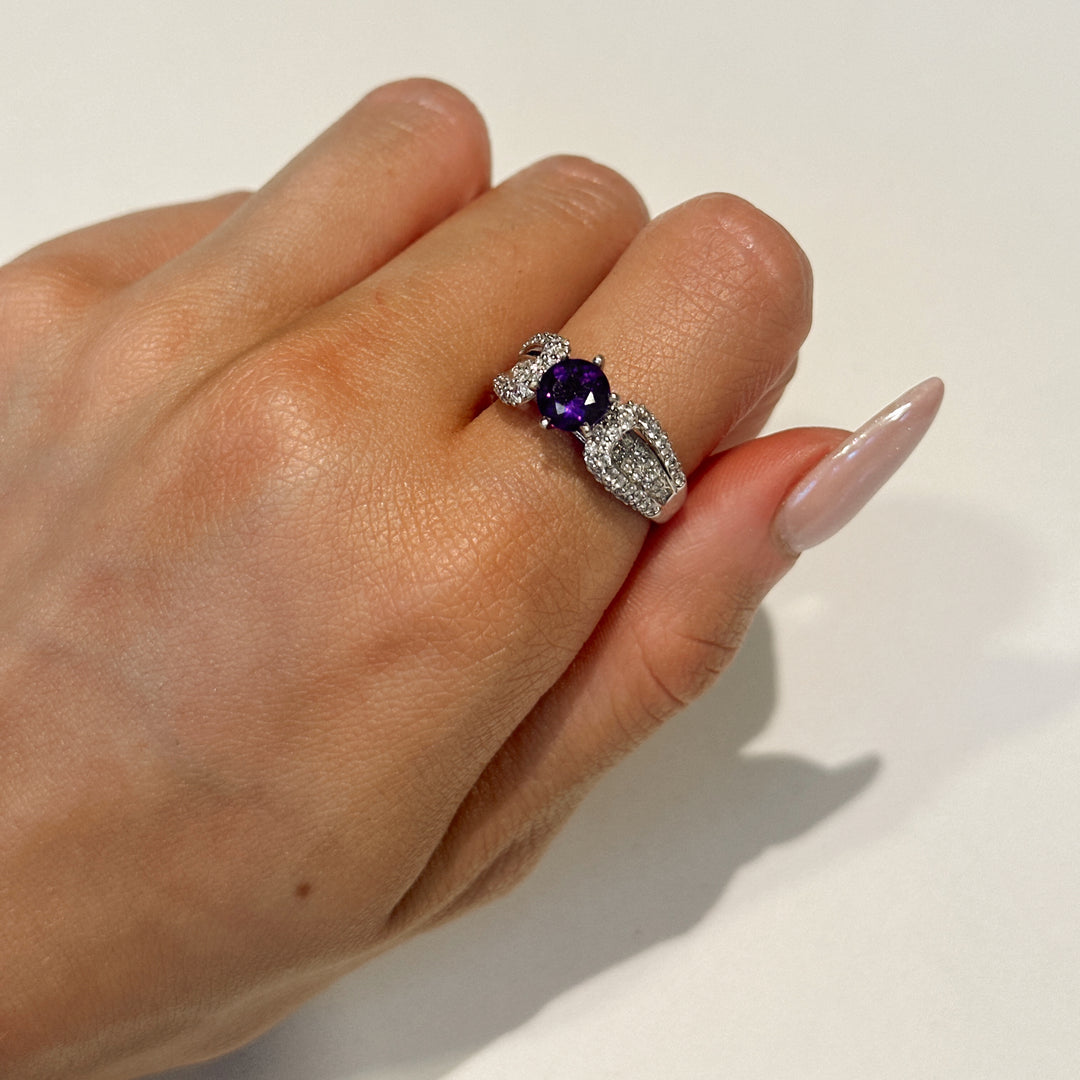 14K White Gold Round Amethyst Diamond Ring
