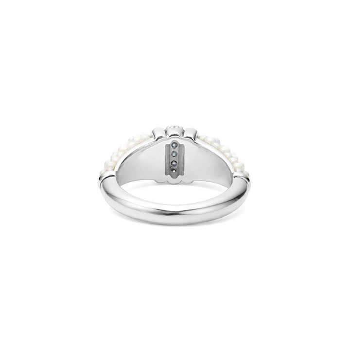 A back-view of a sterling silver ring is displayed on a white background featuring white ceramic caviar beading with a row of diamonds.