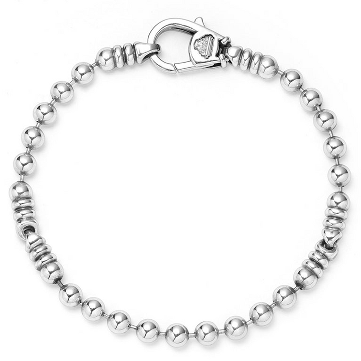 A sterling silver bracelet with Smooth sterling silver accented by Caviar beaded stations on a ball chain.