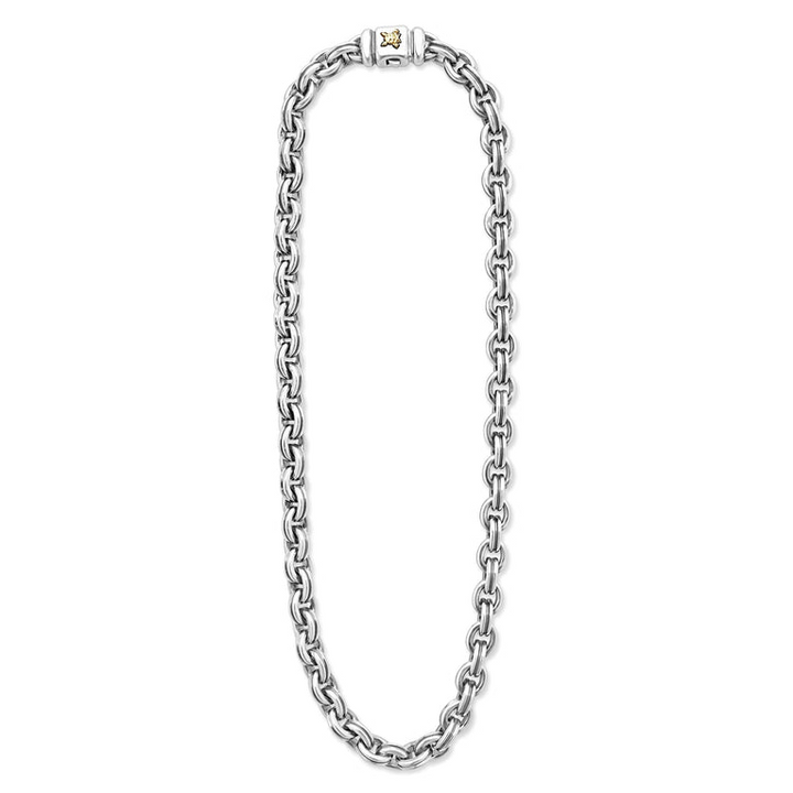 A sterling silver & 18k gold double link chain featuring an 18k gold Krunch crescent