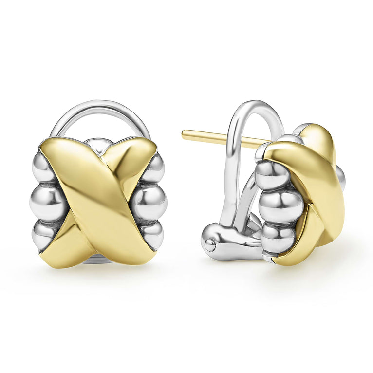 A pair of two-tone earrings featuring Sterling silver and a smooth 18K gold X motif.