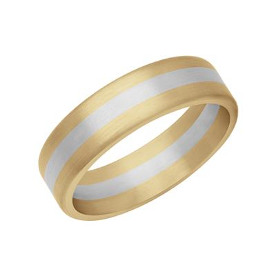 Tilted To The Right, Yellow Gold & Platinum Men's Wedding Band is displayed on a white background. The ring features a middle Platinum stripe and two yellow-gold stripes at the top and bottom