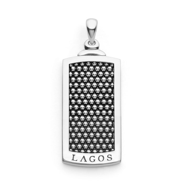 A Caviar Beaded Tag Amulet is displayed in the middle of a white background