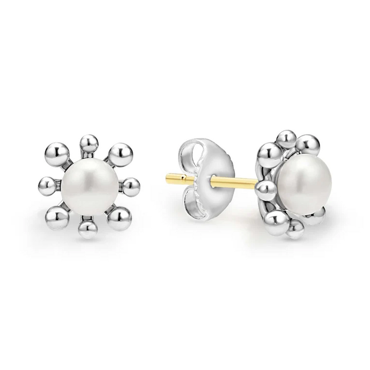 Sterling Silver Fleur Pearl Stud Earrings