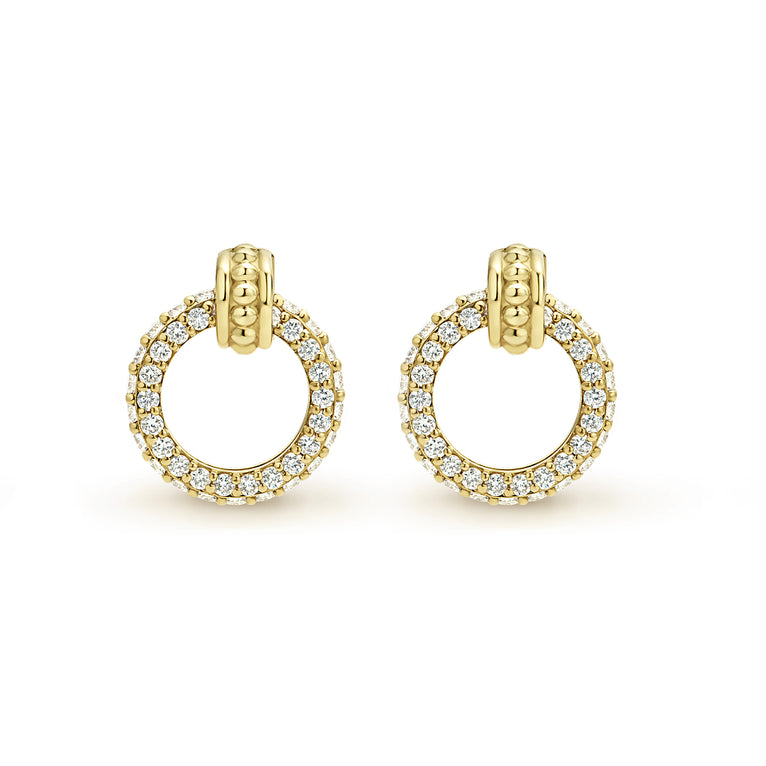 Diamond gold circle stud earrings with an 18k gold Caviar accent