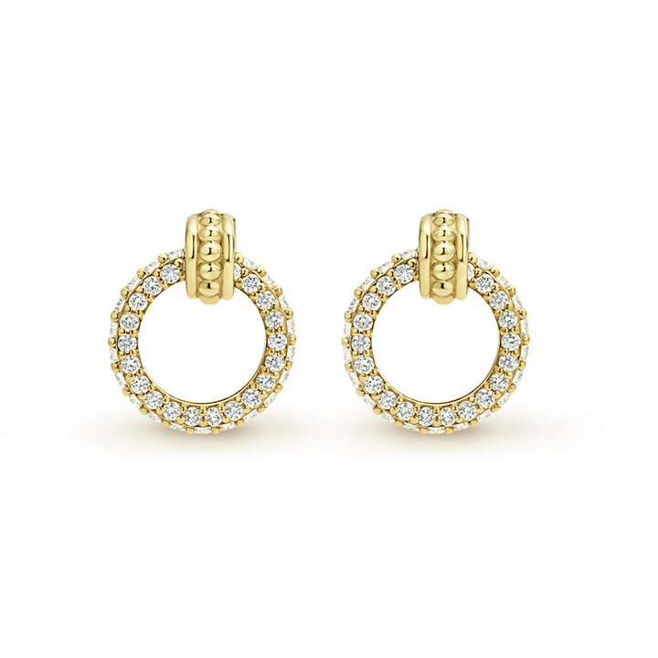 Diamond gold circle stud earrings with an 18k gold Caviar accent