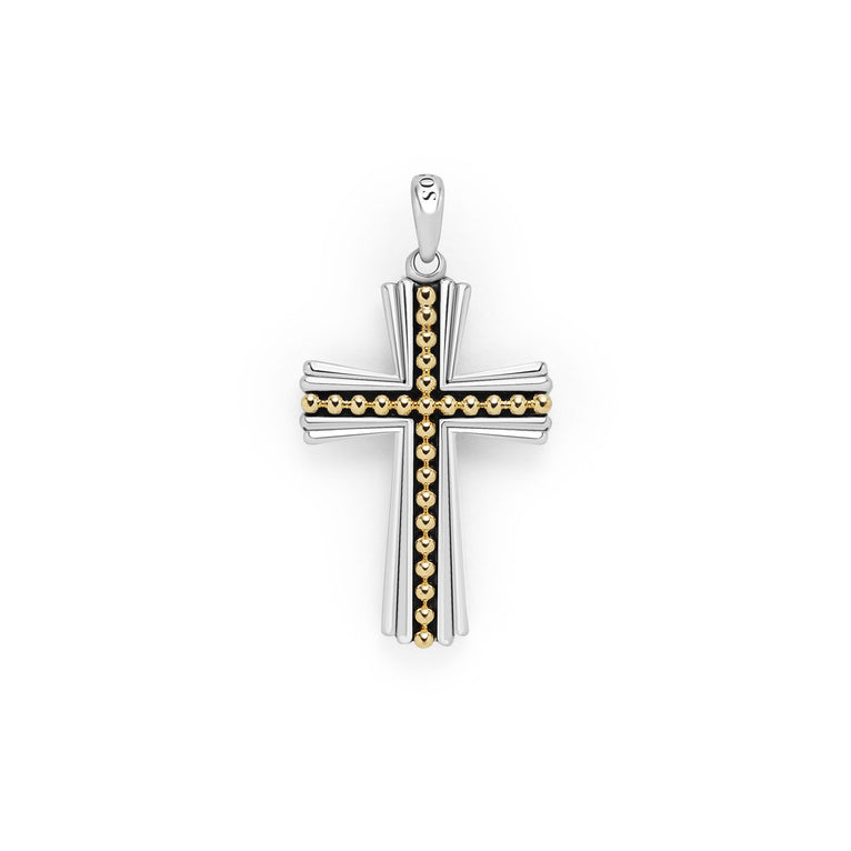 A two-tone caviar beaded cross amulet displayed in the middle of a white background