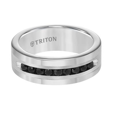 A front view of a white gold wedding band against a white background. The ring features a classic band with the bold sophistication of black diamonds.