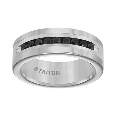A tilted front view of a white gold wedding band against a white background. The ring features a classic band with the bold sophistication of black diamonds.