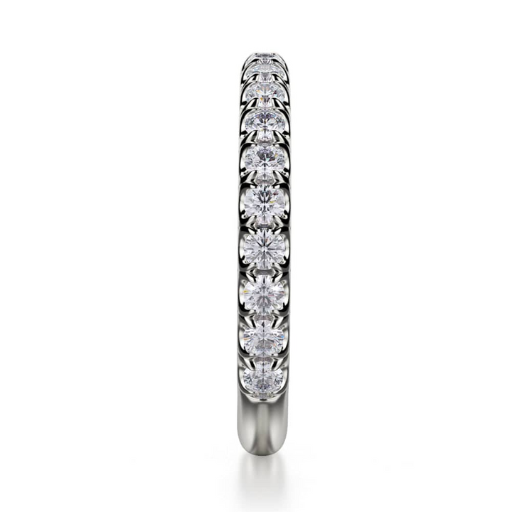 This is a close-up of the side view of a white gold ring featuring a continuous row of round-cut diamonds.