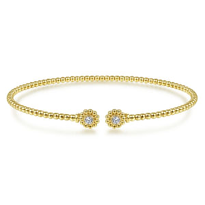 Sunflower Bujukan Cuff Bracelet 14k Gold Band With Pearl Shaped Ridges and Diamond Sunflower Clasp