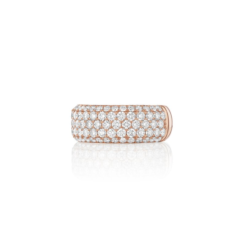 A yellow-gold ring lies flat against a white background. It features a pave diamond-set wide band. 