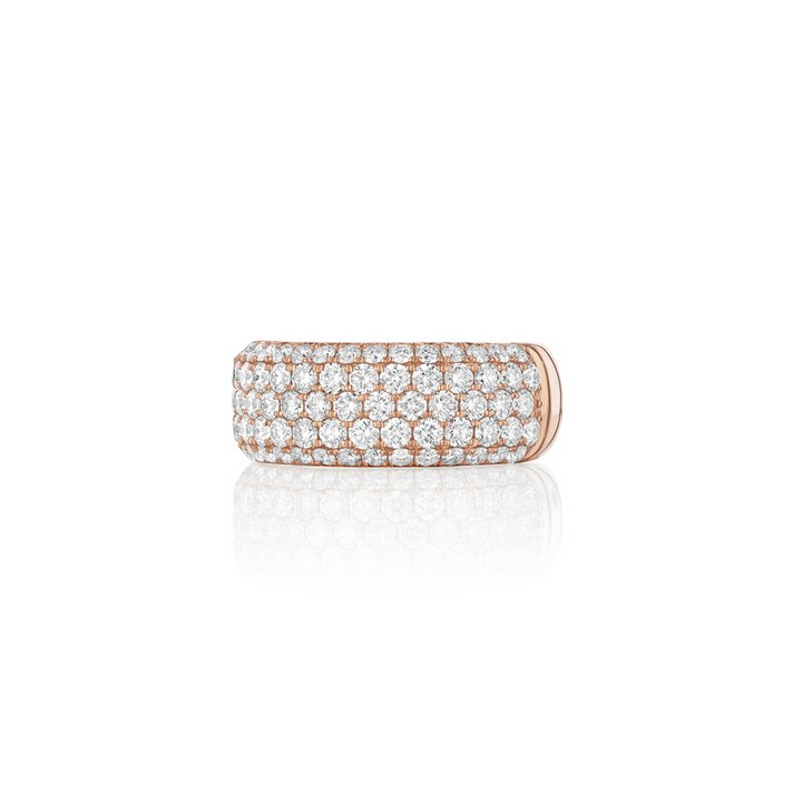 A yellow-gold ring lies flat against a white background. It features a pave diamond-set wide band. 