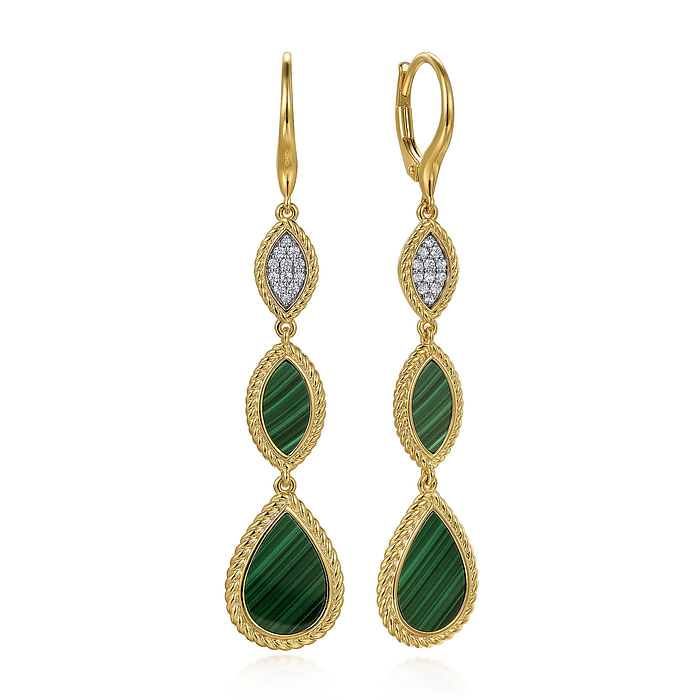 A pair of drop earrings with a rope design including a diamond and malachite gemstones.