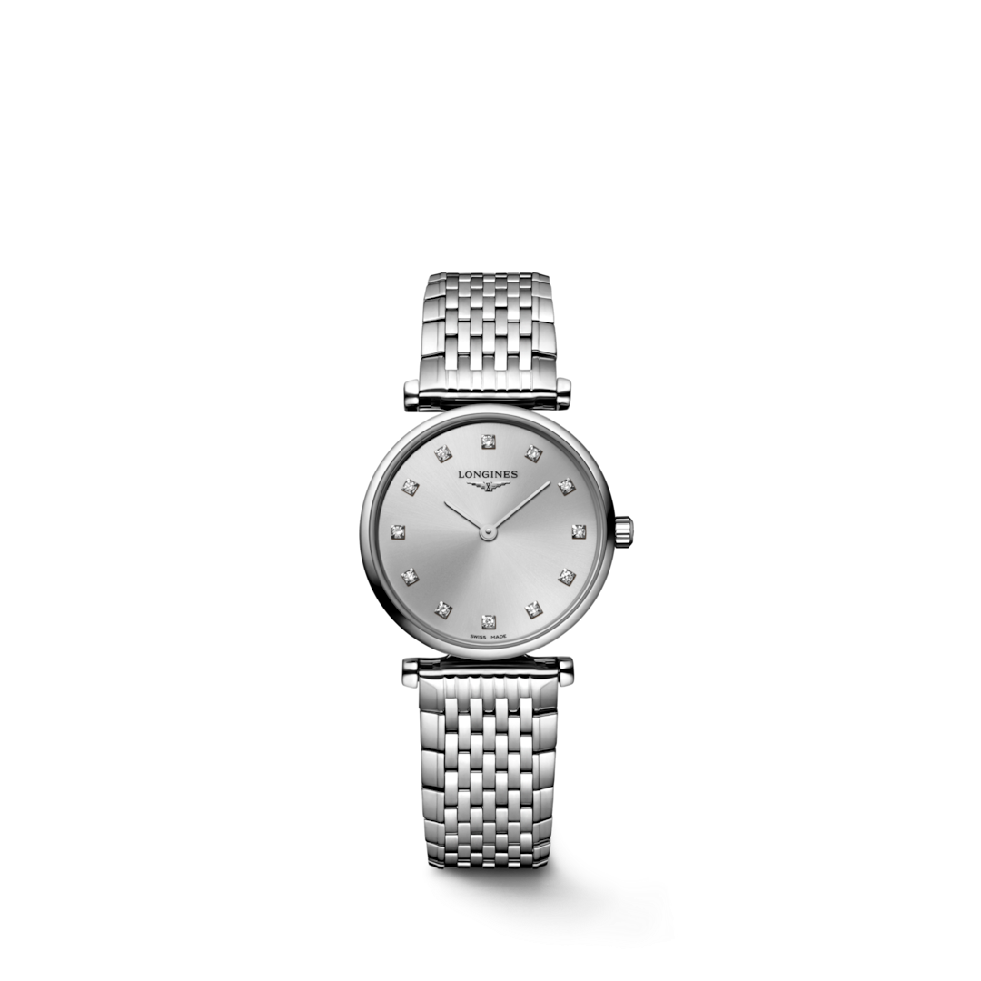 A Longines watch is displayed in the middle on a transparent background. The watch features a silver diamond-set dial, silver hands and markers, a stainless steel bezel, and a stainless steel bracelet.