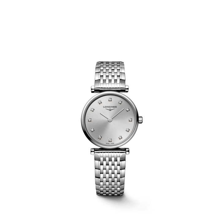 A Longines watch is displayed in the middle on a transparent background. The watch features a silver diamond-set dial, silver hands and markers, a stainless steel bezel, and a stainless steel bracelet.