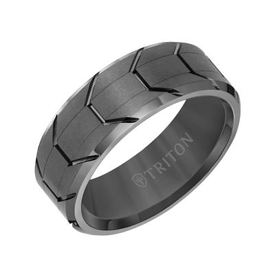 Tilted To The Right, Tungsten Metal Men's Wedding Band. Bevel edge design with a tire tread design