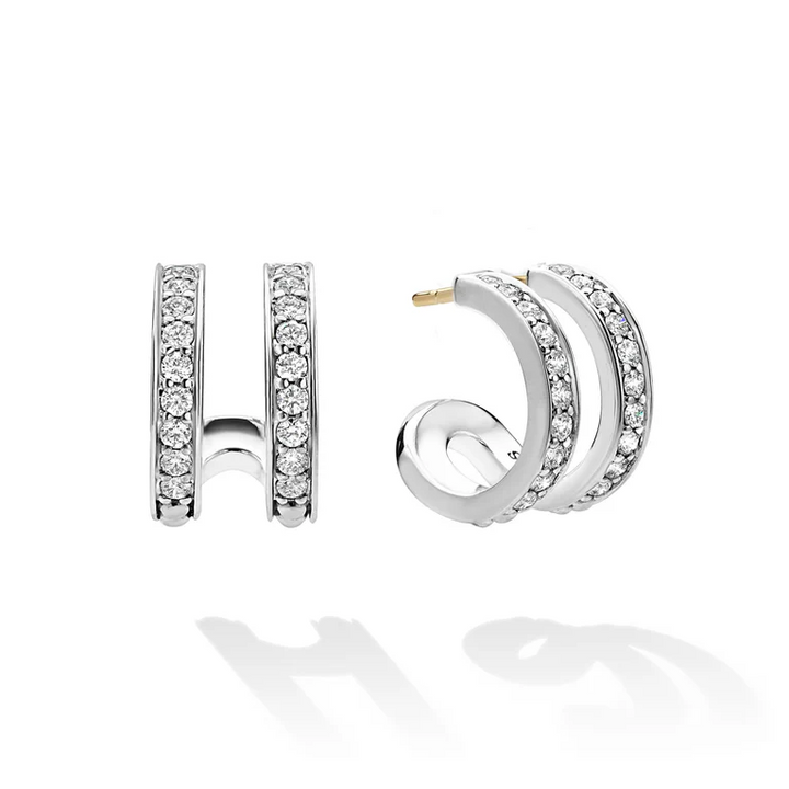 Silver Linear Diamond Double Row Hoop Earrings