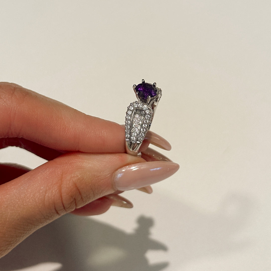 14K White Gold Round Amethyst Diamond Ring