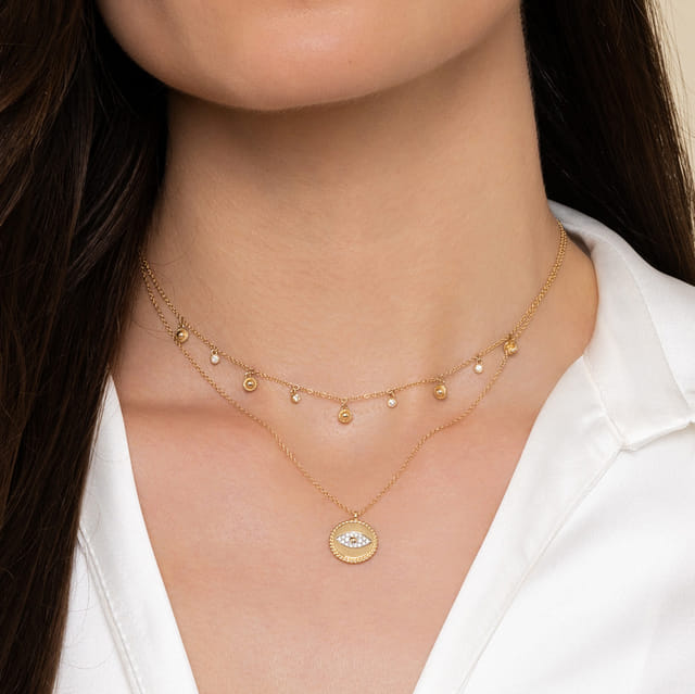 14K Yellow Gold Diamond Evil Eye Medallion Necklace