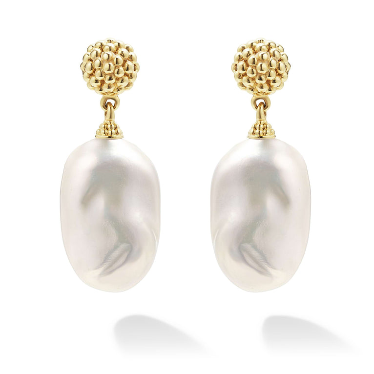 Drop earrings with an 18K gold Caviar beading frame and cultured freshwater pearl baroque. 