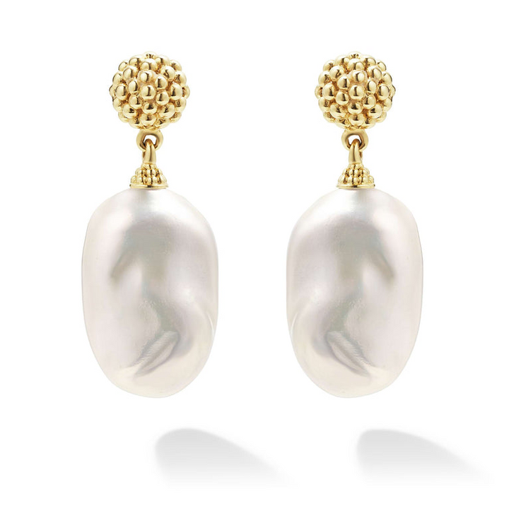 Drop earrings with an 18K gold Caviar beading frame and cultured freshwater pearl baroque. 