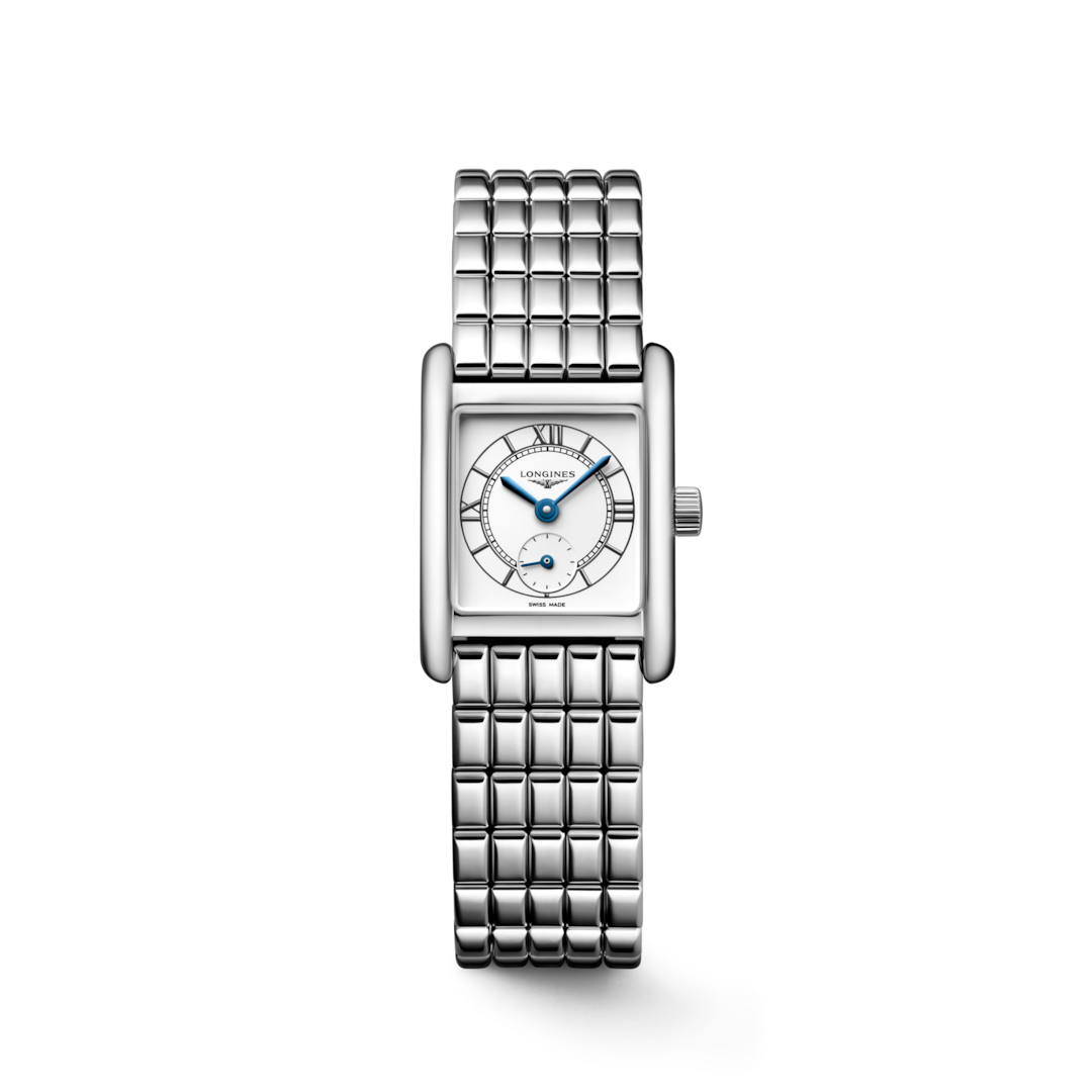 A Longines watch is displayed in the middle on a transparent background. The rectangular-shaped watch features a white dial, blue hands, black markers, a stainless steel bezel, and a stainless steel bracelet.