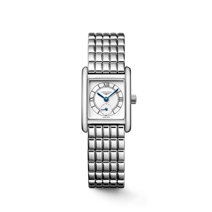 A Longines watch is displayed in the middle on a transparent background. The rectangular-shaped watch features a white dial, blue hands, black markers, a stainless steel bezel, and a stainless steel bracelet.