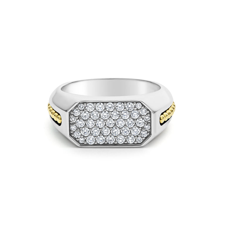 A sterling silver & 18K Gold two-tone octagon-shaped ring featuring a diamond set center and gold caviar beading.