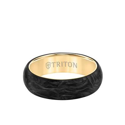 A front view of a wedding band against a white background. The ring features a carbon flat edge design and an internal gold lining.