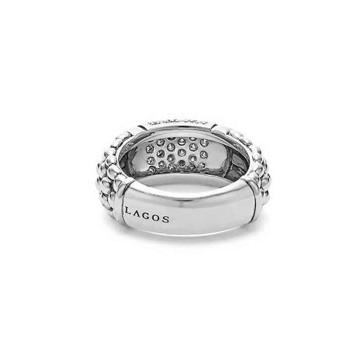 A back view of a white gold diamond ring against a white background. The ring features Pavé diamonds and sterling silver Caviar beading with sterling silver stations in between the diamonds and beading.