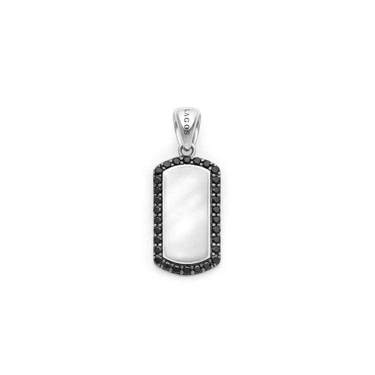 A sterling silver amulet displayed in the middle of a white background featuring black diamonds accented by smooth silver and Caviar beading