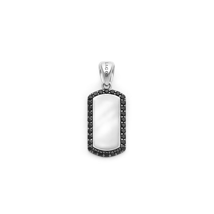 A sterling silver amulet displayed in the middle of a white background featuring black diamonds accented by smooth silver and Caviar beading