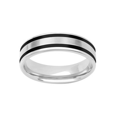 A tilted front view of a white gold wedding band against a white background. The ring features two sleek stripes of black ceramic inlay.