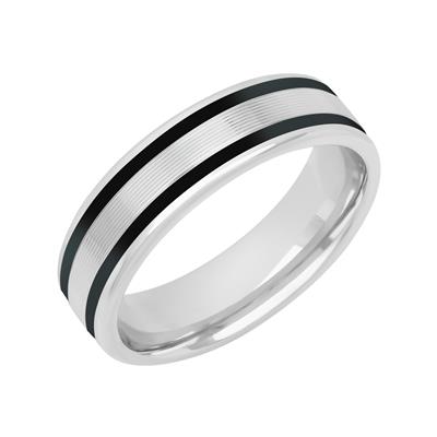 An angled view of a white gold wedding band against a white background. The ring features two sleek stripes of black ceramic inlay.