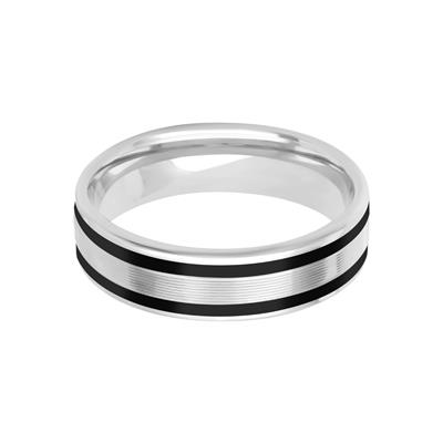 A front view of a white gold wedding band against a white background. The ring features two sleek stripes of black ceramic inlay.