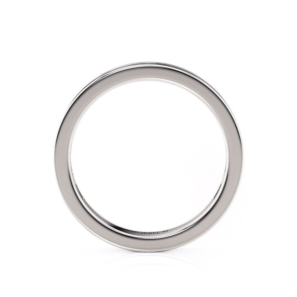 A side profile view of a white gold wedding band against a white background. The ring features a 3/4 eternity style with channel-set princess cut diamonds.