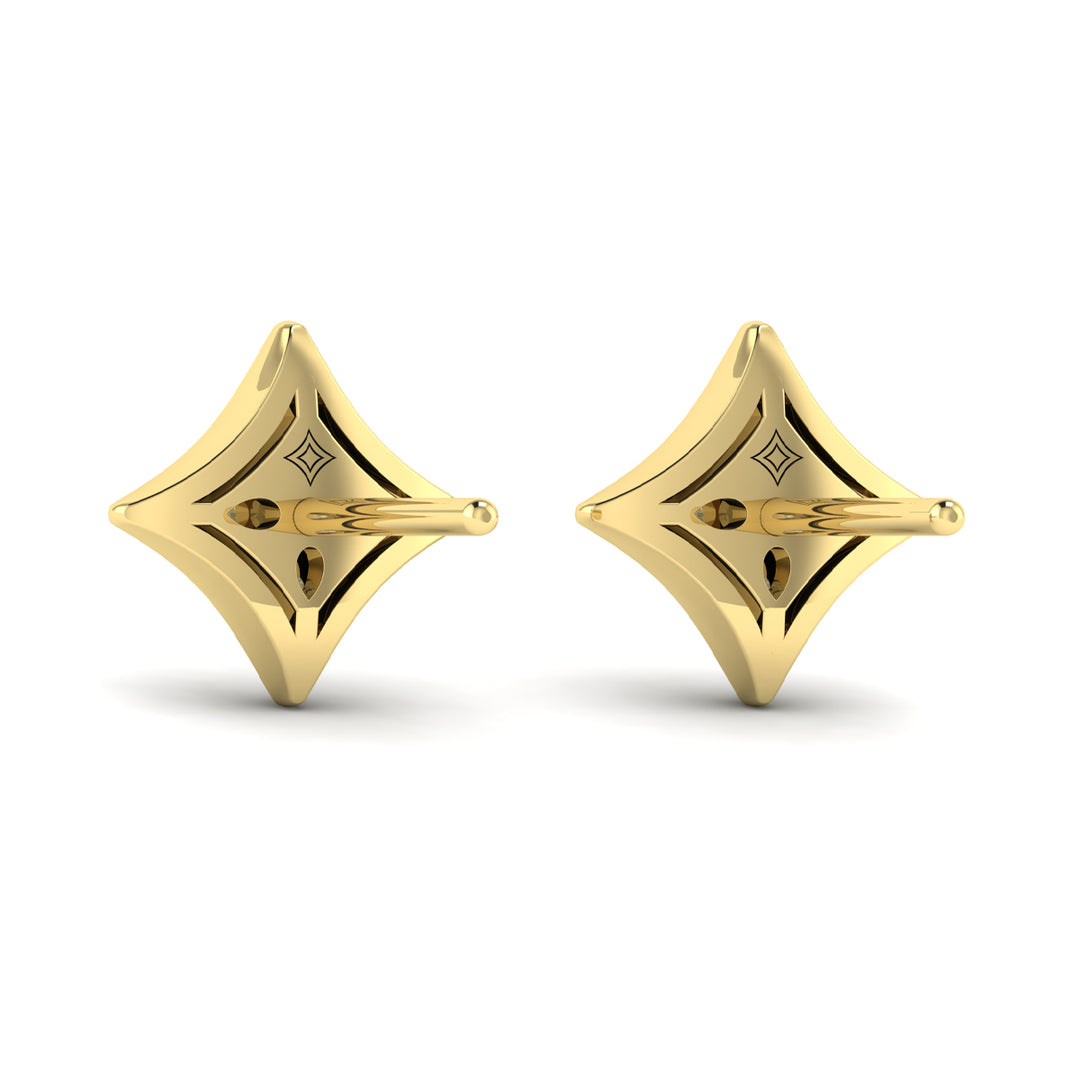A back view of a yellow gold stud earrings is set against a white background. The earrings feature a star-shaped stud design with round-shaped accent diamonds.