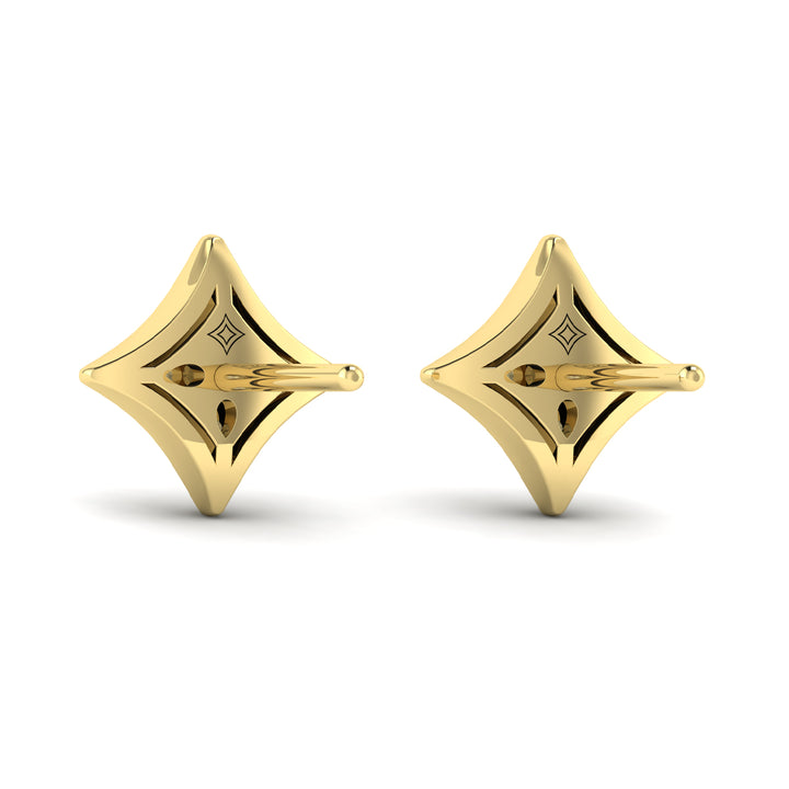 A back view of a yellow gold stud earrings is set against a white background. The earrings feature a star-shaped stud design with round-shaped accent diamonds.
